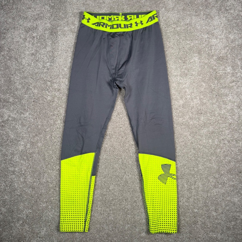 Under Armour ColdGear Kids Medium Gray Neon Yellow Compression Leggings Pants